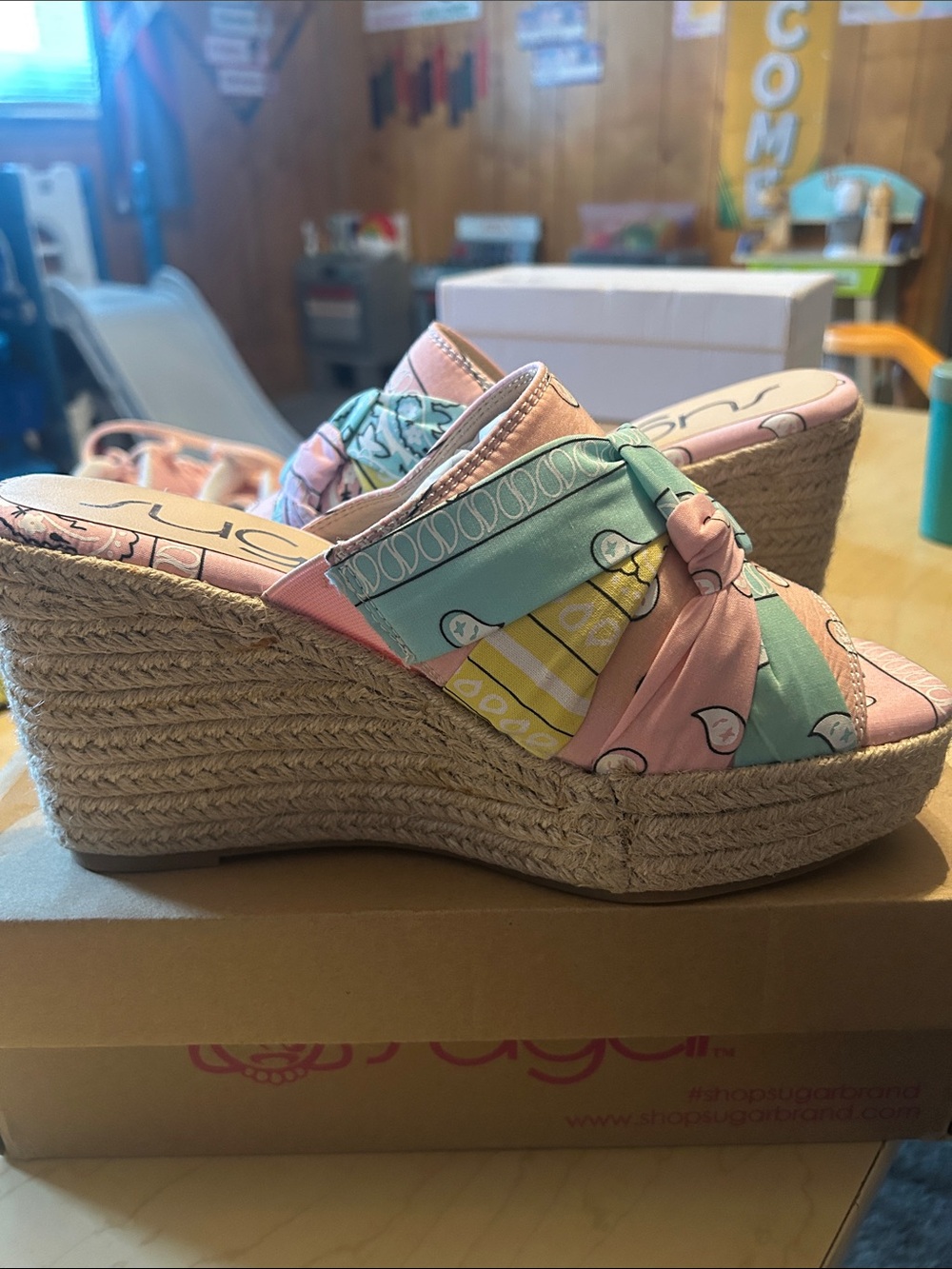 Sugar Pastel Pink & Mint Patterned Espadrille Wedge Slides